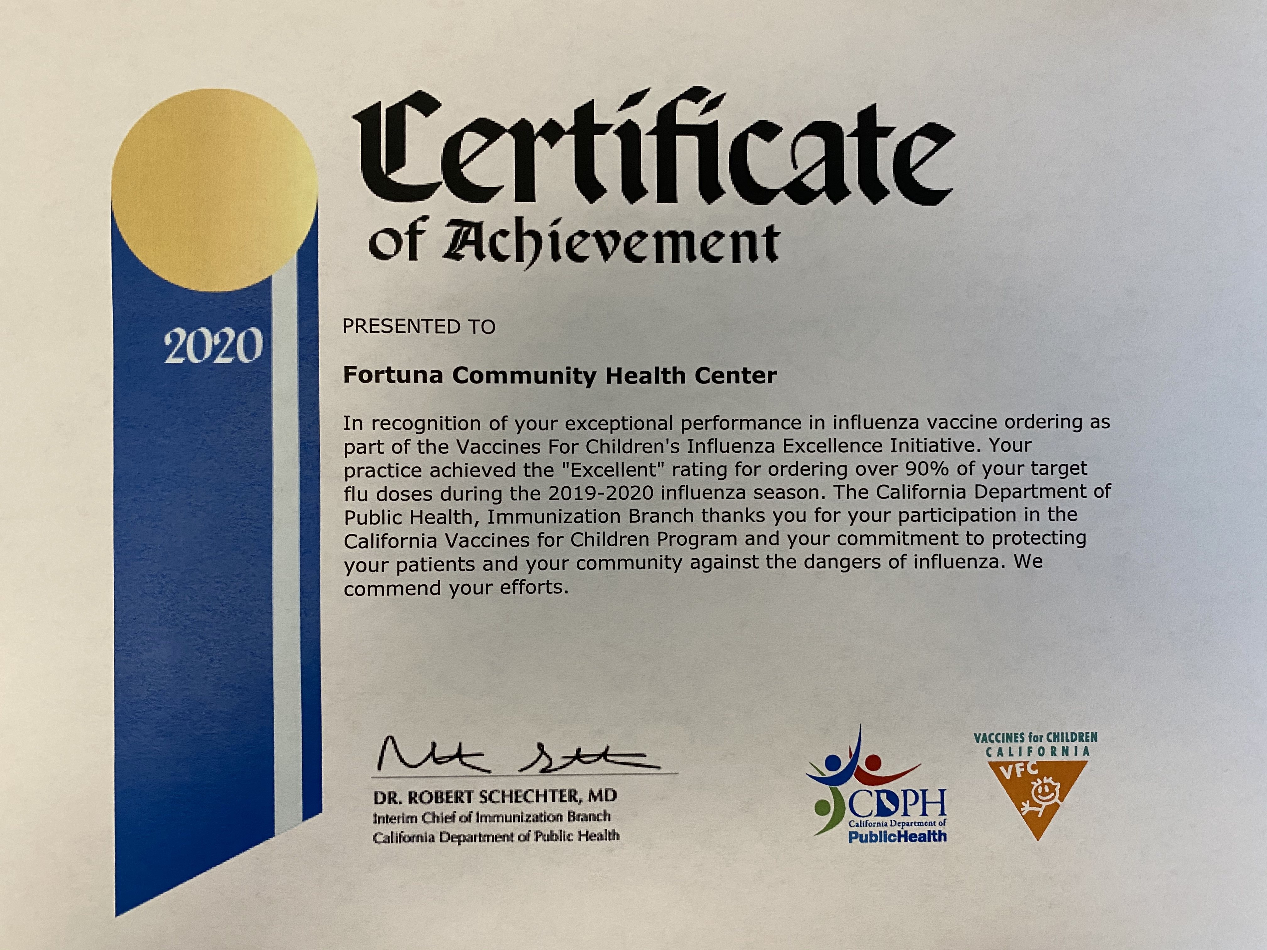 FoCHC VFC Flu Excellence Certificate