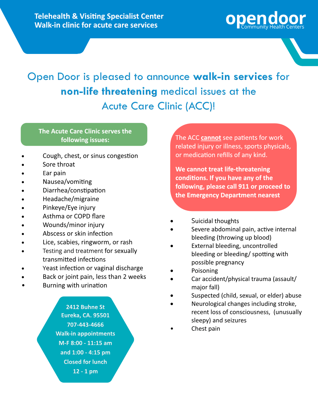 Flyer- Walk-In Acute Care Services at Open Door-English